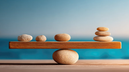 Balanced zen stones on wooden seesaw over blurred blue sea backgroundの素材