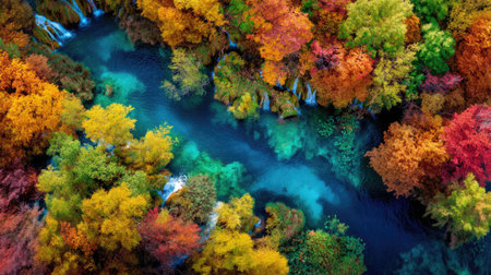 Aerial view of the beautiful autumn forest and river. Nature backgroundの素材