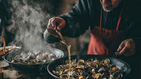 Cooking mussels in a pan. The chef is preparing mussels.の素材