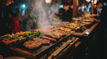 Grilled meat on a barbecue grill at a street food festival.の素材