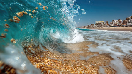 Beautiful ocean wave breaking on sandy beach. Blue sky background.の素材