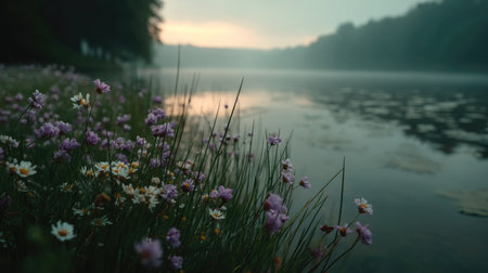 Beautiful summer landscape with wildflowers on the lake at sunriseの素材