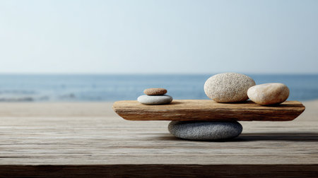 Spa stones on wooden stand on seashore background. Zen conceptの素材