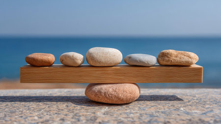 Stones on a wooden stand against the background of the sea.の素材