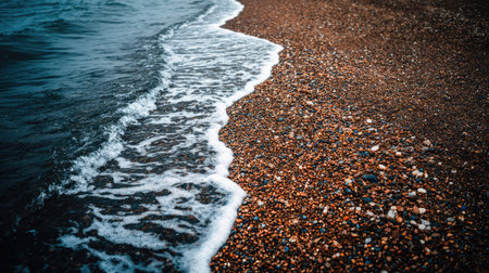 photograph of the sea waves gently lapping against the shore on weymouth beach in dorset, england. award-winning photography in the style of [artist name]. --chaos 35 --ar 16:9 --v 7 Job ID: 090200b5-7828-4590-8037-cdeb0ea4fd0aの素材