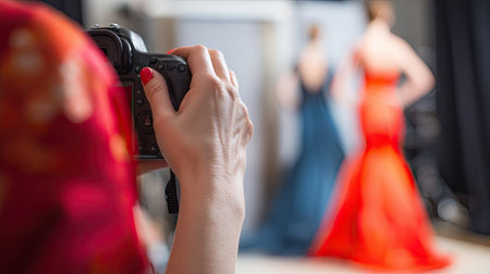 Close-up of female hand taking photo of beautiful woman in dressの素材