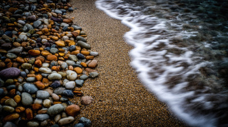 pebble stones on the beach and the wave in motion blurの素材