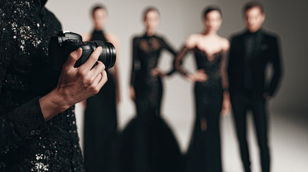 cropped shot of man taking photo of models in black dress on greyの素材