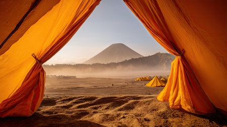 Camping in the desert of Batur volcano, Bali, Indonesiaの素材