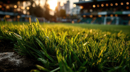 Green grass in a soccer field at sunset. Sunlight on the grass.の素材
