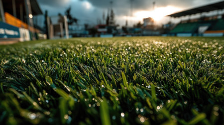Close-up of grass on a soccer field in the evening.の素材