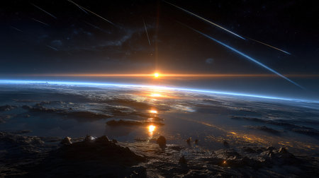 Sunrise over the planet Earth in space. 3D rendering.の素材