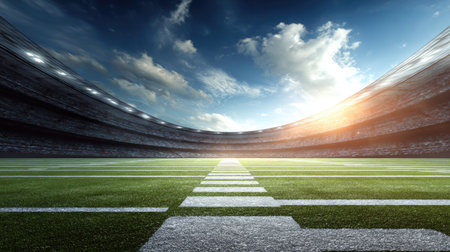 Soccer stadium with green grass and sky at sunset 3D renderingの素材