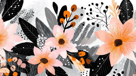 Seamless pattern with watercolor flowers and leaves. Hand-drawn illustration.の素材