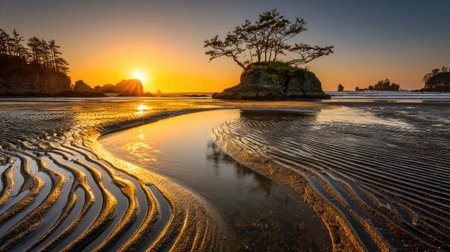 Sunset on the beach with tree and sand in the foreground.の素材
