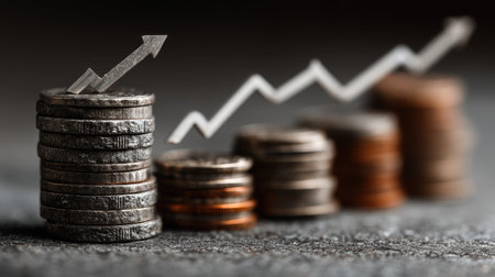 Coins stack and growing graph on dark background, business growth conceptの素材