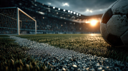 Soccer ball on the field at night. 3d rendering.の素材