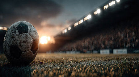 Soccer ball on the field of stadium at night. Mixed mediaの素材