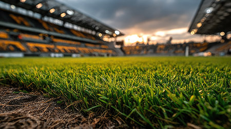 Green grass on the background of a football stadium. Close-upの素材
