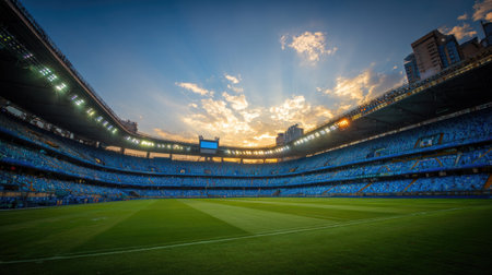 Empty soccer stadium with green grass field and blue sky at sunset.の素材