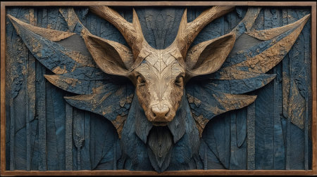 Wooden carving of the head of a deer on a blue backgroundの素材