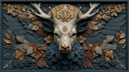 Closeup of the head of a deer with an ornament on the wallの素材