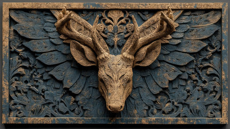Decorative door with deer head, close-up. Architectural details.の素材