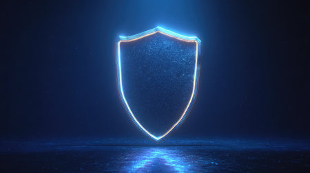 Glowing shield with blue light on dark background. 3d renderingの素材