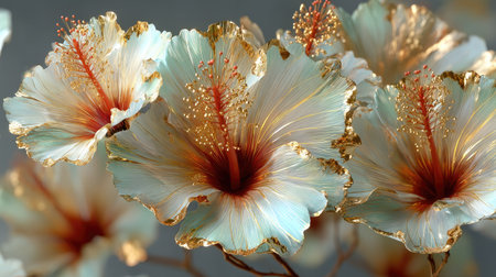 Hibiscus flowers with golden petals on a gray backgroundの素材
