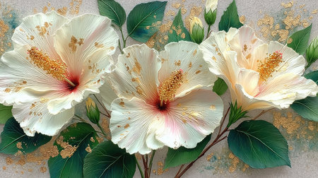 White hibiscus flowers with green leaves on a textured backgroundの素材