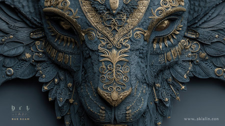3D illustration of a fantasy dragon mask with golden ornament on a dark background.の素材
