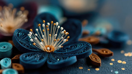 Macro shot of handmade paper flowers on blue background with copy spaceの素材