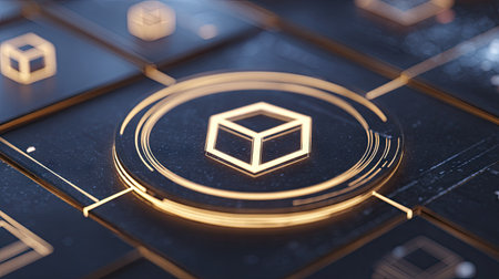 3D rendering of a gold cube on a dark background. Concept of blockchain technology.の素材