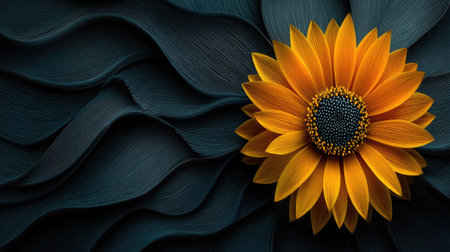 3d illustration of black and yellow sunflower on black background.の素材