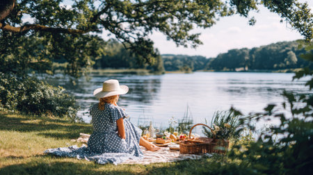 Cute little girl in a white hat and blue dress sitting on the grass by the lake and making picnic.の素材
