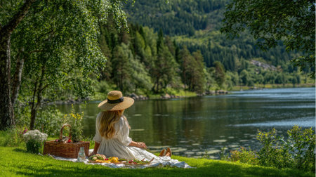 Young woman in a straw hat sitting on the grass near the lake and enjoying picnicの素材