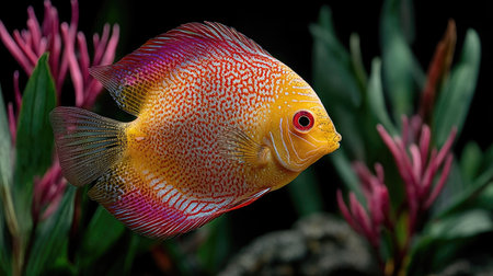 Colorful discus fish in aquarium tank, close up view.の素材