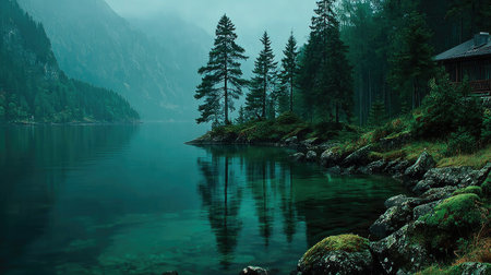 Mountain lake in the misty morning. Landscape with forest and lakeの素材