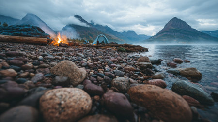 Camping on the shore of a mountain lake with a bonfire.の素材