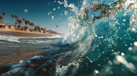 Beautiful wave splashes against the background of a sandy beach and palm treesの素材