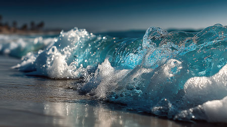 Close-up of blue ocean wave breaking on sandy beach. Shallow depth of fieldの素材