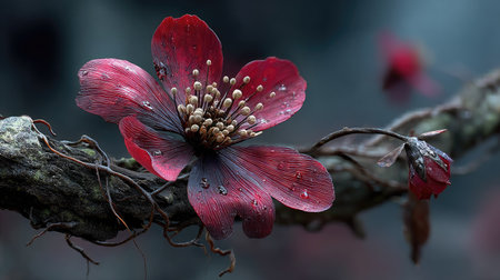 Close up of a red flower on a branch with water dropletsの素材