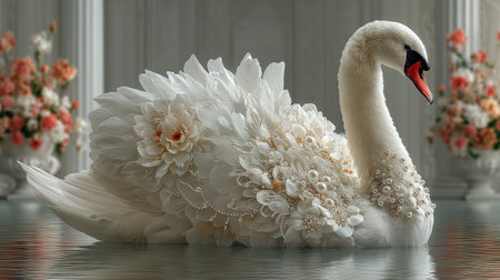 Beautiful white swan on a mirror surface with flowers in the backgroundの素材