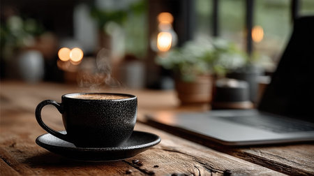 Coffee cup and laptop on wooden table in coffee shop.の素材