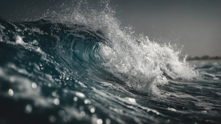 Close-up of blue ocean wave with white water splashes.の素材