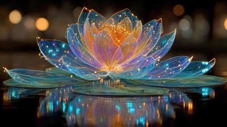 Beautiful lotus flower with reflection on water surface, Thailand.の素材