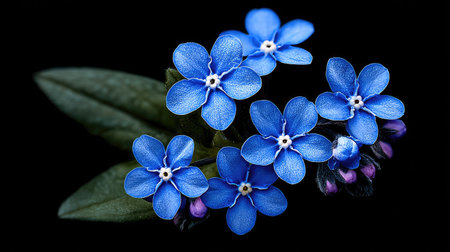 Blue forget-me-not flowers on a black background. Macroの素材