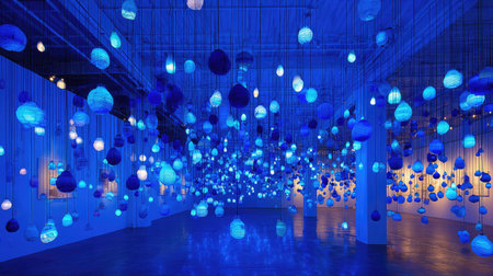 3D rendering of an abstract interior design with blue light bulbs.の素材