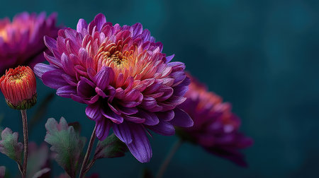 Purple chrysanthemum flowers on a dark blue backgroundの素材