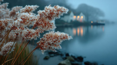 Dry reeds on the bank of the lake at sunrise.の素材